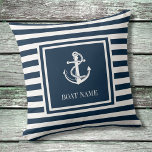 Nautical Anchor Boat Name Navy Blue Striped Kussen<br><div class="desc">Een nautisch ontwerp met een anker,  stijlvolle marineblauw en witte strepen en op maat van uw bootnaam. Ontworpen door: Thisnotme©</div>