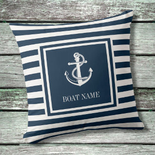 Nautical Anchor Boat Name Navy Blue Striped Kussen