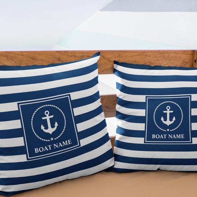 Nautical Anchor Boat Name Navy Blue Striped Kussen (Customize to change text size or text style.)