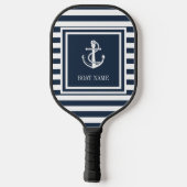 Nautical Anchor Boat Name Navy Blue Striped Pickleball Paddle (Achterkant)
