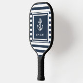 Nautical Anchor Boat Name Navy Blue Striped Pickleball Paddle (Links)