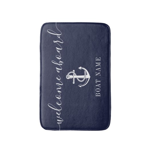 Nautical Anchor Boat Name Navy Blue Welcome Aboard Badmat (Voorkant Verticaal)