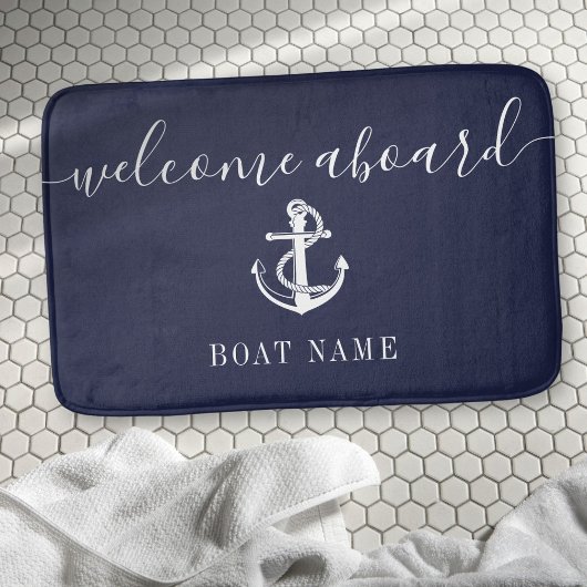 Nautical Anchor Boat Name Navy Blue Welcome Aboard Badmat
