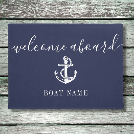 Nautical Anchor Boat Name Navy Blue Welcome Aboard Deurmat