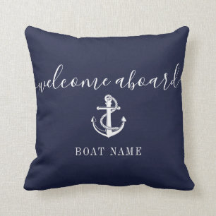 Nautical Anchor Boat Name Navy Blue Welcome Aboard Kussen
