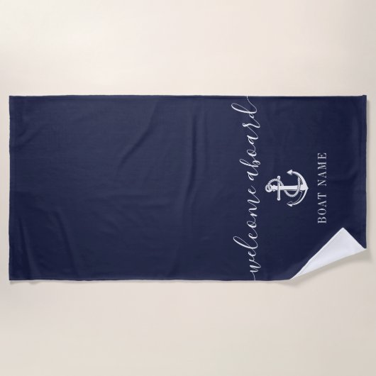 Nautical Anchor Boat Name Navy Blue Welcome Aboard Strandlaken (Voorkant)