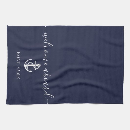 Nautical Anchor Boat Name Navy Blue Welcome Aboard Theedoek (Horizontaal)