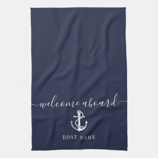 Nautical Anchor Boat Name Navy Blue Welcome Aboard Theedoek (Verticaal)