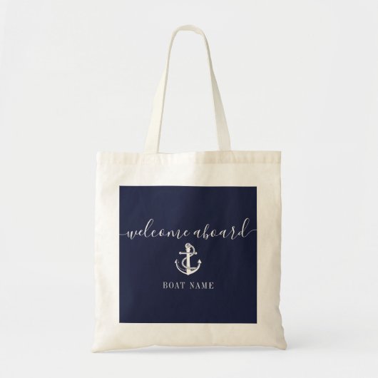 Nautical Anchor Boat Name Navy Blue Welcome Aboard Tote Bag (Voorkant)