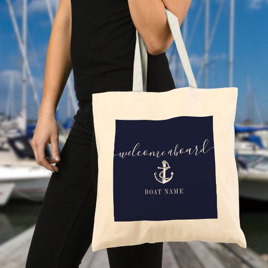 Nautical Anchor Boat Name Navy Blue Welcome Aboard Tote Bag