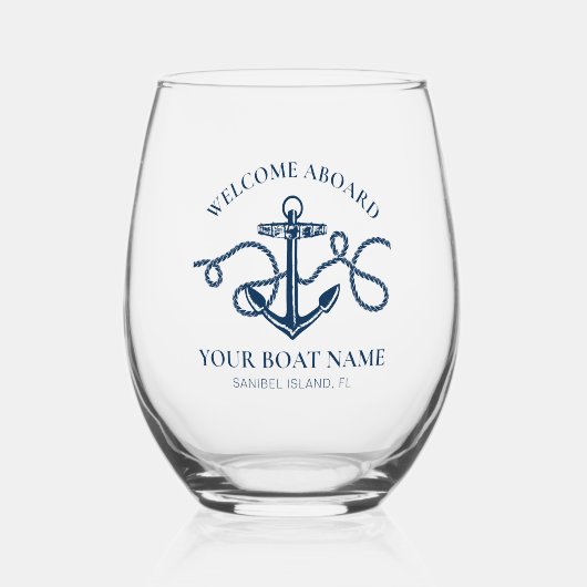 Nautical Anchor Boat Name Navy Blue Welcome Aboard Wijnglas Zonder Voet (Voorkant)