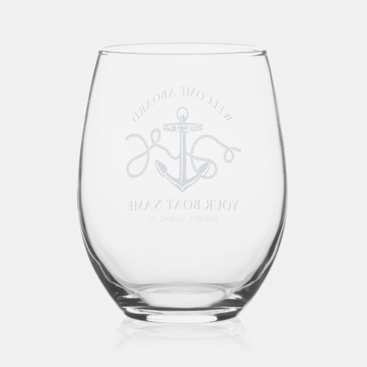 Nautical Anchor Boat Name Navy Blue Welcome Aboard Wijnglas Zonder Voet (Achterkant)