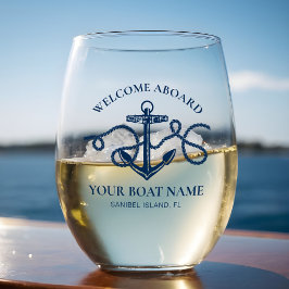 Nautical Anchor Boat Name Navy Blue Welcome Aboard Wijnglas Zonder Voet