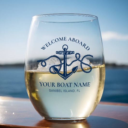 Nautical Anchor Boat Name Navy Blue Welcome Aboard Wijnglas Zonder Voet