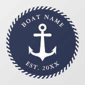 Nautical Anchor Boat Name Navy Blue & White Round Raamsticker (Vel)
