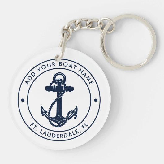 Nautical Anchor Boat Name Navy Blue White Sleutelhanger (Achterkant)