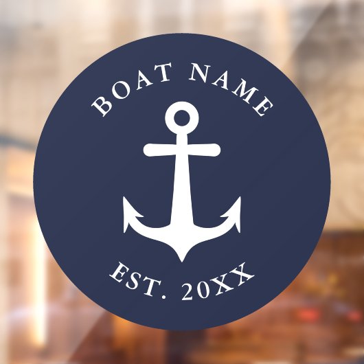 Nautical Anchor Boat Name Navy White Simple Round Raamsticker (Vel 2)