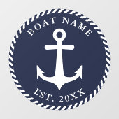 Nautical Anchor Boat Name Round Navy Blue & White Raamsticker (Vel)