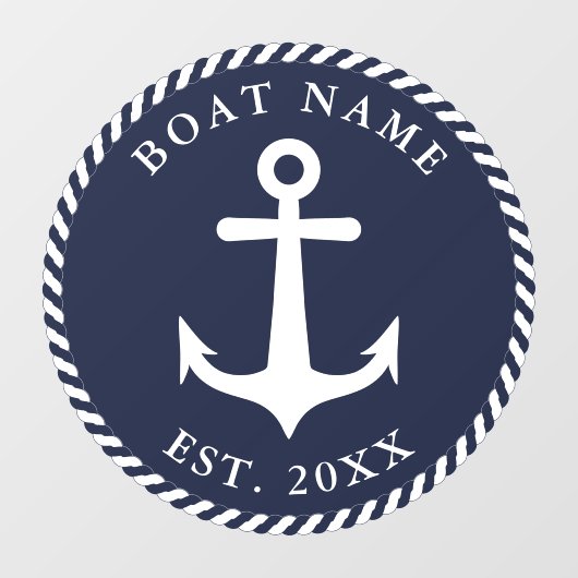 Nautical Anchor Boat Name Round Navy Blue & White Raamsticker (Vel)