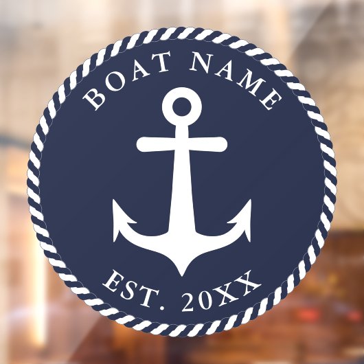 Nautical Anchor Boat Name Round Navy Blue & White Raamsticker (Vel 2)