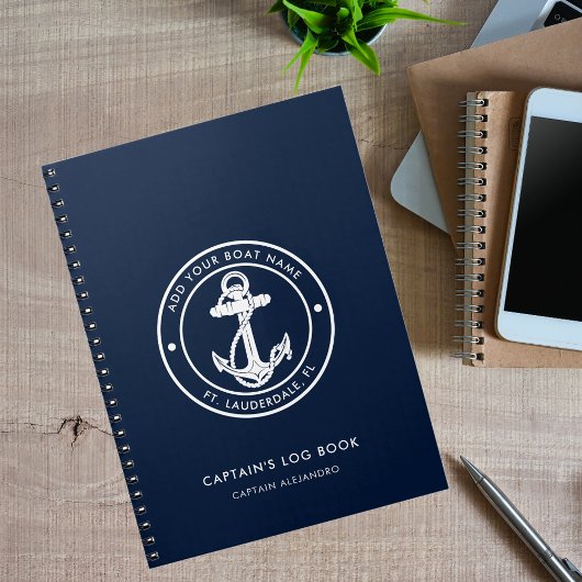 Nautical Anchor Boot Naam Navy Blue Captain's Log Notitieboek