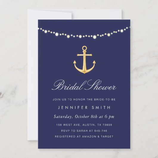 Nautical Anchor Bridal Shower Invitation Navy Gold Kaart (Voorkant)