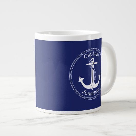 Nautical Anchor Captain Monogrammed Naam Blauw Grote Koffiekop (Voorkant rechts)