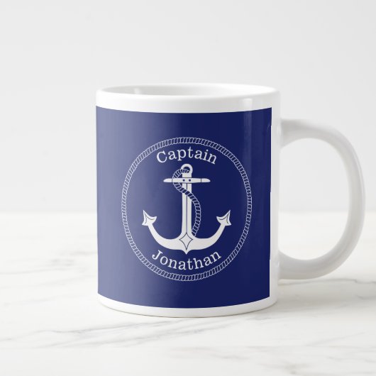 Nautical Anchor Captain Monogrammed Naam Blauw Grote Koffiekop (Rechts)