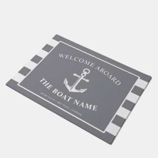 Nautical Anchor & Captain Name Slate Grey Stripes Deurmat