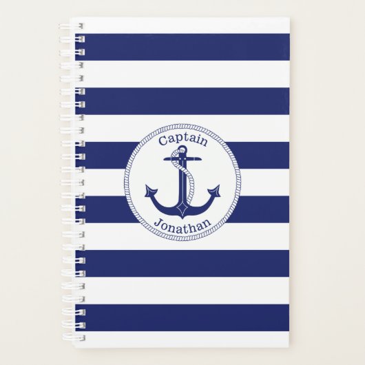 Nautical Anchor Captain Navy Blue Stripe Planner (Voorkant)