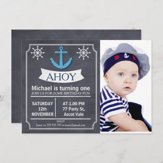 Nautical Anchor Chalkboard Birthday Uitnodiging (Voorkant / Achterkant)