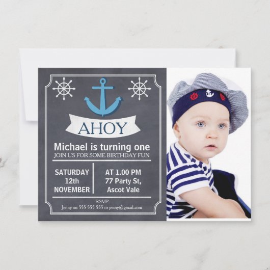 Nautical Anchor Chalkboard Birthday Uitnodiging (Voorkant)