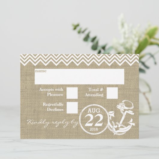 Nautical Anchor Chevron Wedding RSVP Kaart (Staand voorkant)