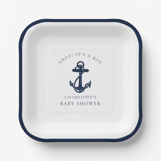 Nautical Anchor Coastal Boy Baby shower Papieren Bordje (Voorkant)