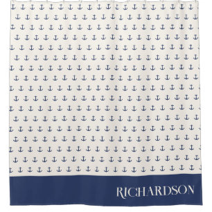 Nautical Anchor Coastal Stripes Marine Blauwe Crèm Douchegordijn