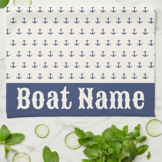 Nautical Anchor Coastal Stripes Marine Blauwe Crèm Theedoek (Gevouwen)