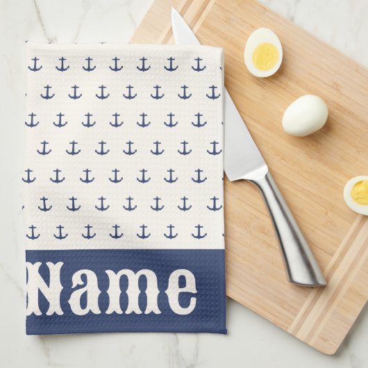 Nautical Anchor Coastal Stripes Marine Blauwe Crèm Theedoek (Quarter Fold)