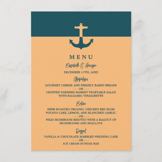 Nautical Anchor - Coral Blue - Beach Weddenschap Menu (Voorkant)