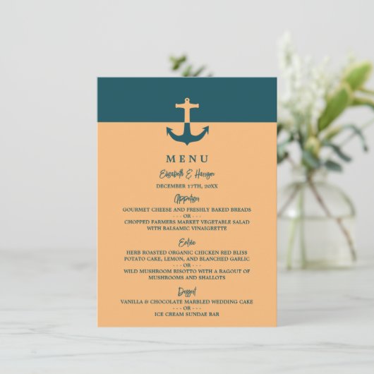 Nautical Anchor - Coral Blue - Beach Weddenschap Menu (Staand voorkant)