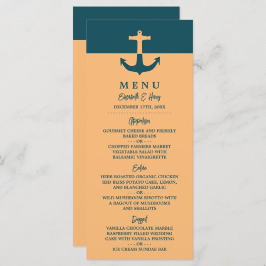 Nautical Anchor - Coral Blue - Beach Weddenschap Menu (Voorkant / Achterkant)