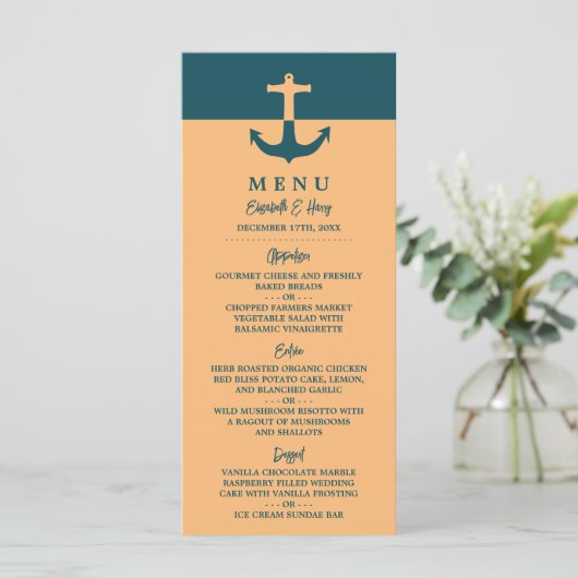 Nautical Anchor - Coral Blue - Beach Weddenschap Menu (Staand voorkant)