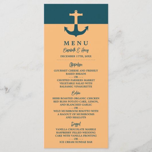 Nautical Anchor - Coral Blue - Beach Weddenschap Menu (Voorkant)