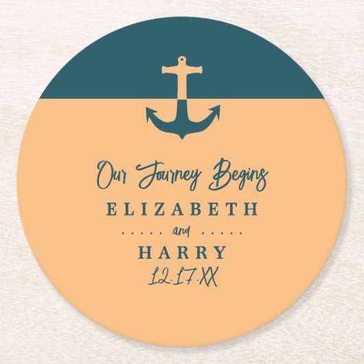 Nautical Anchor - Coral Blue - Beach Weddenschap Ronde Kartonnen Onderzetter (Voorkant)