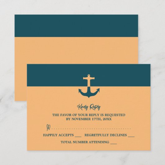 Nautical Anchor - Coral Blue - Beach Weddenschap RSVP Kaartje (Voorkant / Achterkant)