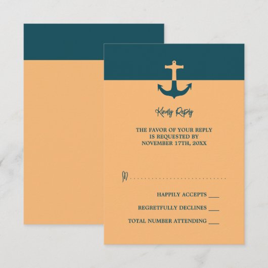 Nautical Anchor - Coral Blue - Beach Weddenschap RSVP Kaartje (Voorkant / Achterkant)
