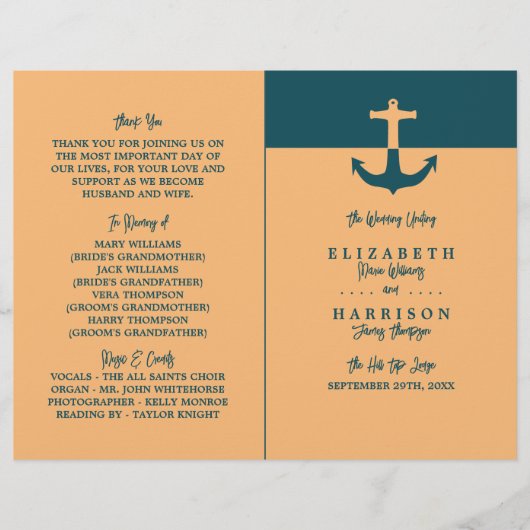 Nautical Anchor - Coral Blue - Wedding Programme (Voorkant)