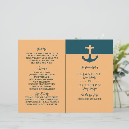 Nautical Anchor - Coral Blue - Wedding Programme (Staand voorkant)