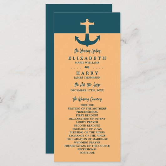Nautical Anchor - Coral Blue - Wedding Programme Programmakaart (Voorkant / Achterkant)