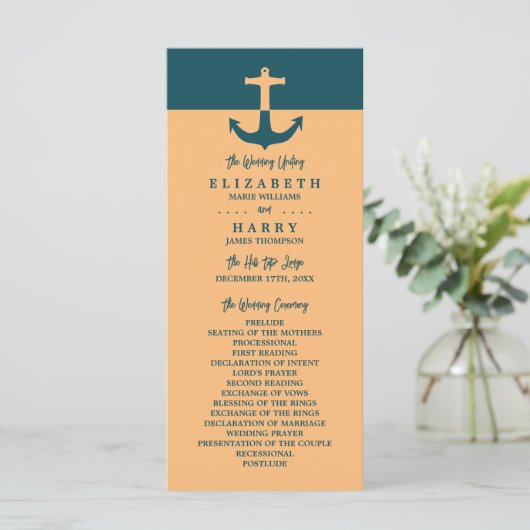 Nautical Anchor - Coral Blue - Wedding Programme Programmakaart (Staand voorkant)