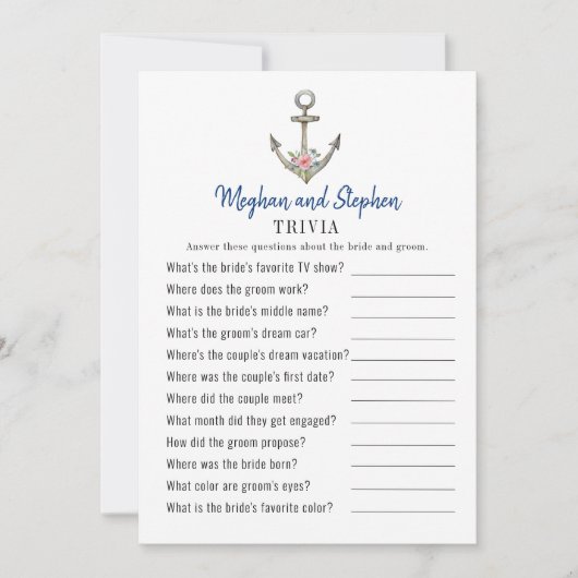 Nautical Anchor Couple's Shower Trivia games Kaart (Voorkant)
